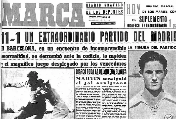 1943年、レアル・マドリード11-1バルセロナの結果を伝える「マルカ」紙の号外