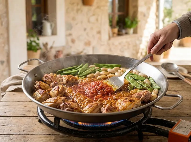 パエリェラで鶏肉を焼き込み、すりおろしトマトとインゲン豆・ガロフォ豆を炒め合わせるソフリートの工程